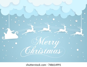 Nighttime sky with Santa Claus and full moon,clouds background,paper art