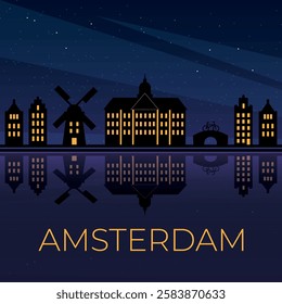 Nighttime skyline of Amsterdam showcasing historical landmarks and reflections on water