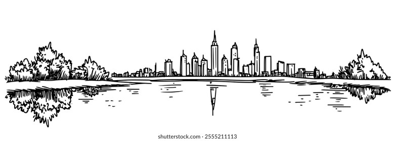 nighttime skyline of Dubai with reflections in the water, doodle hatching vector sketch, panoramic view