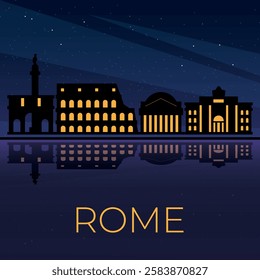 Nighttime skyline of Rome showcasing historical landmarks and reflections on water