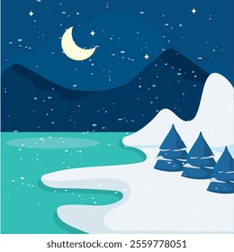 Nighttime snowy landscape with moon and trees Vector