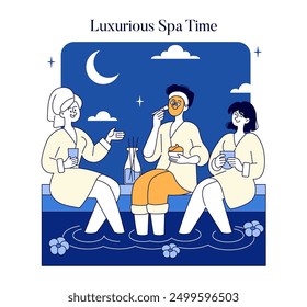 Nighttime Spa Experience concept. Three friends enjoy a luxurious spa session under a crescent moon. Relaxation, beauty treatments, and peaceful ambiance. Vector illustration.