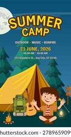 Nighttime Summer Camp vector illustration featuring a happy boy scout, glowing yellow tent, campfire, guitar, and lantern under a full moon. Perfect for kids' outdoor adventure invitations.