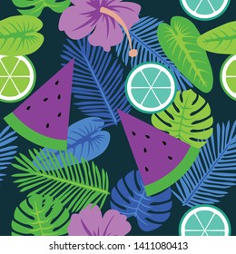 Nighttime tropical beach pattern – watermelon, citrus fruit, and tropical leaves.