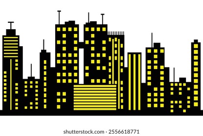 Nighttime Urban Skyline Silhouette with Yellow Illuminated Windows
