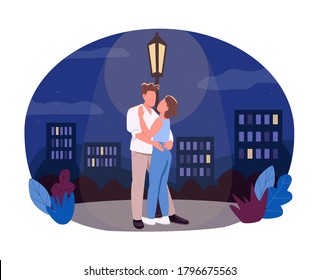 Nighttime Walk 2D Vector Web Banner, Poster. Boyfriend Hug Girlfriend Under Lantern. Couple Flat Characters On Cartoon Background. Midnight Romantic Date Printable Patch, Colorful Web Element