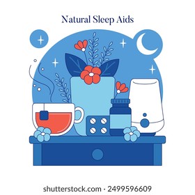 Nighttime Wellness concept. Illustration of sleep aids including herbal tea, pills, and diffuser set against a night backdrop. Home relaxation and sleep hygiene. Vector illustration.