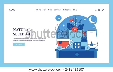 Nighttime Wellness concept. A serene composition promoting natural sleep aids with herbal tea, and essential oils. Vector illustration.