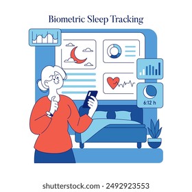 Nighttime Wellness concept. Woman monitors sleep patterns using biometric tracking app. Smart device integration for health. Vector illustration.