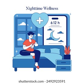 Nighttime Wellness routine with person monitoring sleep hours for health improvement. Calm bedroom setting, modern sleep tracking. Vector illustration.