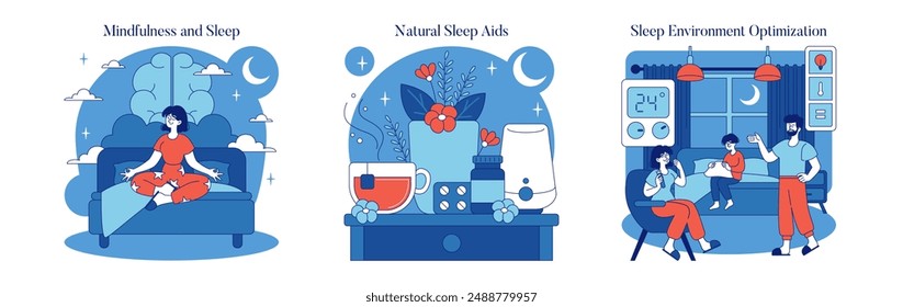 Nighttime Wellness set. Illustration of mindful relaxation, natural sleep aids, and bedroom environment for better rest. Practices for healthy sleep. Vector illustration.