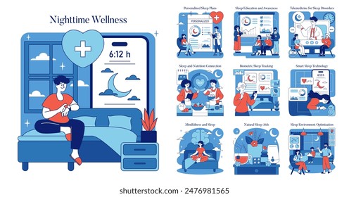 Nighttime Wellness set. Illustrations promoting healthy sleep through personalized plans, nutrition, and technology. Vector illustration.