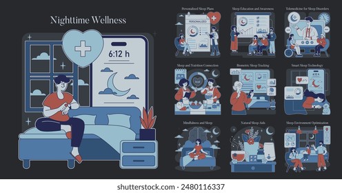 Conjunto de bienestar nocturno. Integrar la tecnología de la salud en las rutinas de sueño. Incluyendo Planes personalizados, consejos nutricionales y atención plena para una mejor calidad de sueño. Ilustración vectorial.