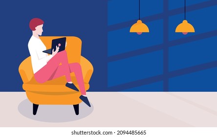 Nighttime work. Vector illustration with copy space. Woman using laptop while sitting in armchair