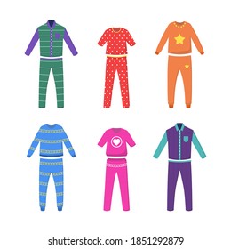 Nightwear, nightdress, nightshirt. A set of pajamas for sleep, parties, holidays. Textile night clothes for kids and parents sleepwear bedtime pajama colored pictures. Vector flat illustration. 