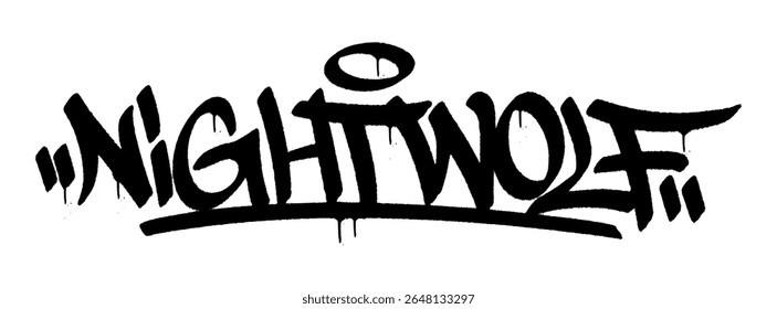 Nightwolf graffiti tag in bold black spray with drips. Transparent background. Perfect for nocturnal, powerful, and mysterious urban design vibes.