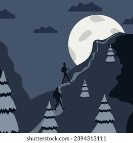 
Nighty Nature landscape can used travel agency banner, poster, flyer. Hiking Travel design with Mountains and walking person silhouette. Vector illustration with Abstract in asian style.