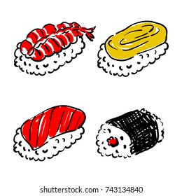 Nigiri Roll Sushi Tamago Salmon Shrimp Sketch Style Vector Illustration