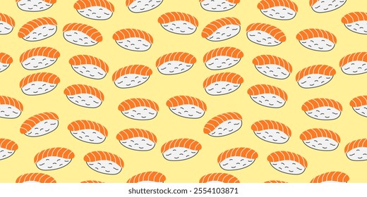 Nigiri seamless pattern background. Japanese sushi dish with rice and raw salmon fish wallpaper. Vector Illustration