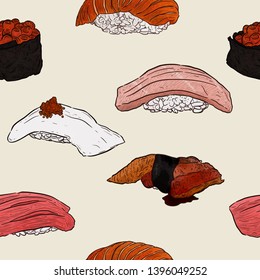 Nigiri set Ika, Ikura, Akami, Otoro, unagi seamless pattern vector. Hand draw sketch vector.