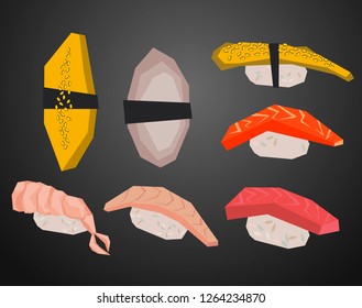 Nigiri set low polygonal cartoon style minimal - slice of eel, salmon, trout, tuna, omelet and shrimp in nori seaweed. Can be used as design menu restaurant delivery, flyer, web background