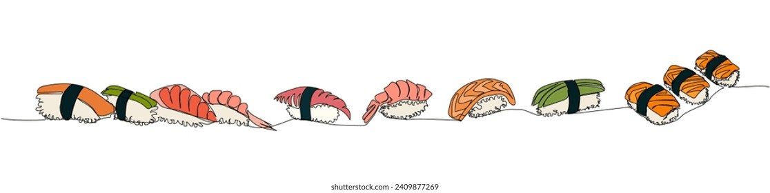 Nigiri set, sushi, salmon , Aburi nigiri, shrimp , tuna , Avocado Nigiri-Zushi one line art. Continuous line drawing of sushi, japanese, food, roll, restaurant, japan, asian, sea, menu