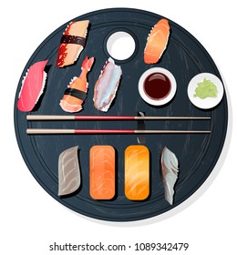 Nigiri Sush seti illustration isolated. Top view.