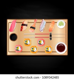 Nigiri Sush seti illustration isolated. Top view.