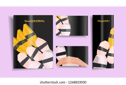 Nigiri sushi brochure design- low polygonal cartoon style minimal slice of eel in nori seaweed, squad on black backdrop - design menu restaurant delivery, flyer, card, web background