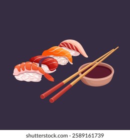 Nigiri sushi, chopsticks and sauce on a dark background. Traditional Japanese food. Vector illustration
