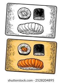 Nigiri sushi with fish, maki rolls with with nori and salmon. Served on wood board. Isolated on white background. Vintage black vector engraving illustration for web, poster, menu.