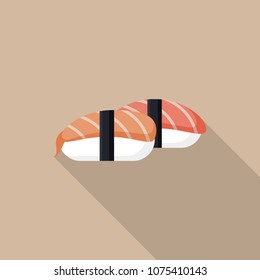 Nigiri Sushi flat icon with long shadow isolated on beige background. Simple nigiri in flat style. Japanese cuisine vector illustration. Asian food with salmon, rice, seaweed.