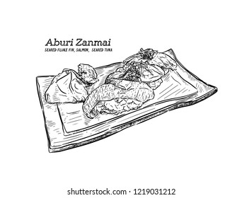 Nigiri sushi, Hand draw sketch vector. Aburi zanmai. seared fluck fin, salmon amd seared tuna nigiri. japanese food.