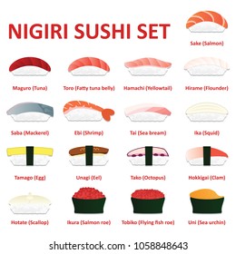 Nigiri sushi icon set. Japanese cuisine. Vector. 