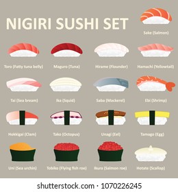 Nigiri sushi icon set. Japanese cuisine. Vector. 