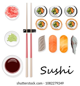 Nigiri Sushi illustration on white background isolated. Top view.