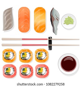 Nigiri Sushi illustration on white background isolated. Top view.