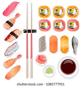 Nigiri Sushi illustration on white background isolated. Top view.