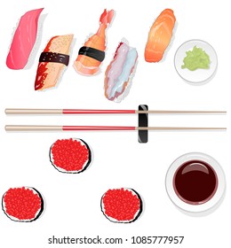 Nigiri Sushi illustration on white background isolated. Top view.