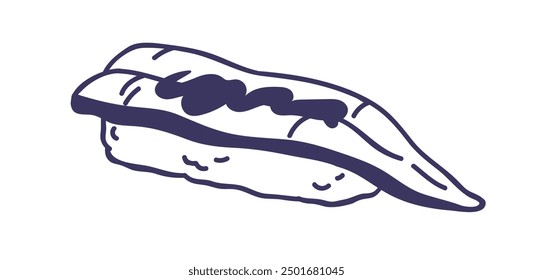 Nigiri sushi. Rice topped with raw fish, eel slice and sauce. Traditional Japanese cuisine. Japan eating. Asian food, snack. Outlined contoured vector illustration isolated on white background