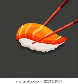 Nigiri, sushi, rolla with salmon in chopsticks. Asian cartoon delicacies