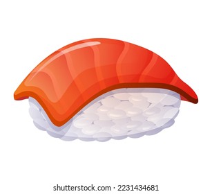 Nigiri sushi with salmon. Japanese food. Rice with raw fish. Colorful vector illustration isolated on white background.