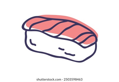 Nigiri sushi with salmon slice on rice. Traditional Japanese cuisine, food with fresh raw red fish, tuna. Delicious Asian Japan seafood. Flat vector illustration isolated on white background