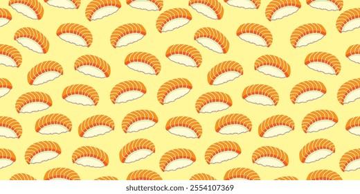 Nigiri sushi seamless pattern background. Japanese food motif with salmon and riceball wallpaper