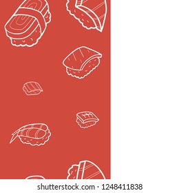 Nigiri sushi seamless pattern doodle hand drawn sketch on red and white background