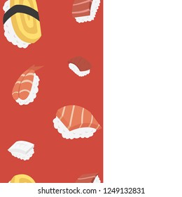 Nigiri sushi seamless pattern on red and white background