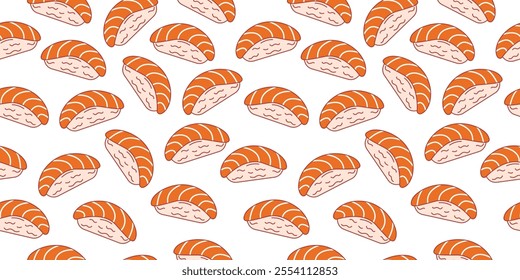 Nigiri sushi seamless pattern with rice ball and raw salmon. Japanese food motif wallpaper. Vector illustration