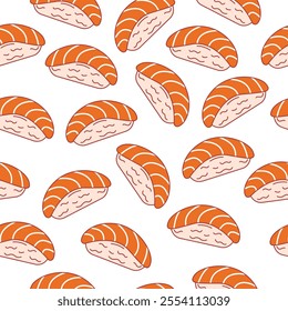 Nigiri sushi seamless pattern with rice ball and raw fish. Japanese food motif wallpaper. Vector illustration