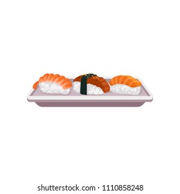 Nigiri sushi with shrimp and salmon on rectangular plate. Traditional Japanese cuisine. Flat vector for menu, promo flyer or poster