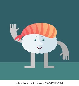 Nigiri sushi with shrimp waving hand. Cartoon character with face. Flat style vector illustration on teal blue background.